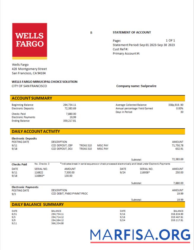Blank Wells Fargo business account statement Word and PDF template